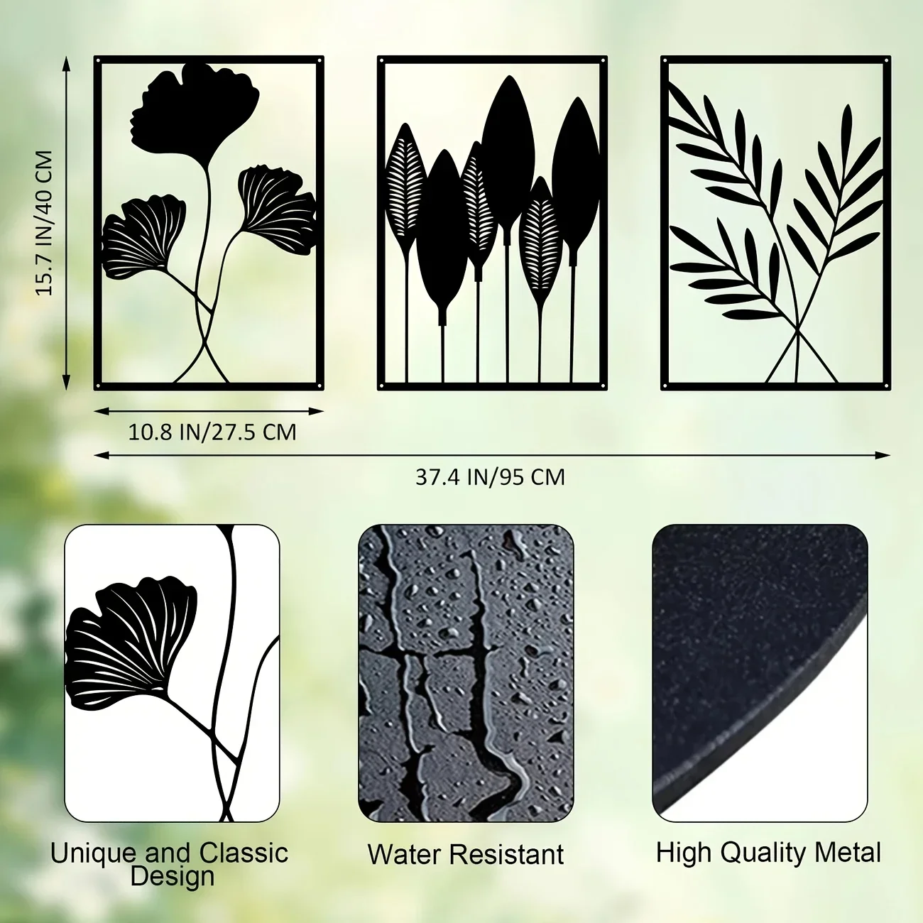 CIFBUY 3Pcs Black Leaf Metal Wall Decor Set, Nordic Luxury Iron Art Plant Hanging Ornament, 2D Flat Laser Cut, Powder-Coated