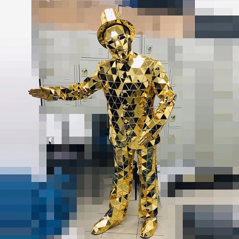 Abito da spettacolo teatrale da uomo con specchio cucito a mano, maschera di vetro di Halloween, costume da spettacolo di danza moderna