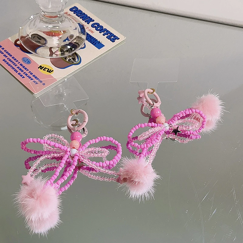 13cm Y2K Pink Bow Beaded Phone Lanyard Korean Sweet Bowknot Mobile Phone Strap Keychain Pendant For Girl Earphone Camera Charm