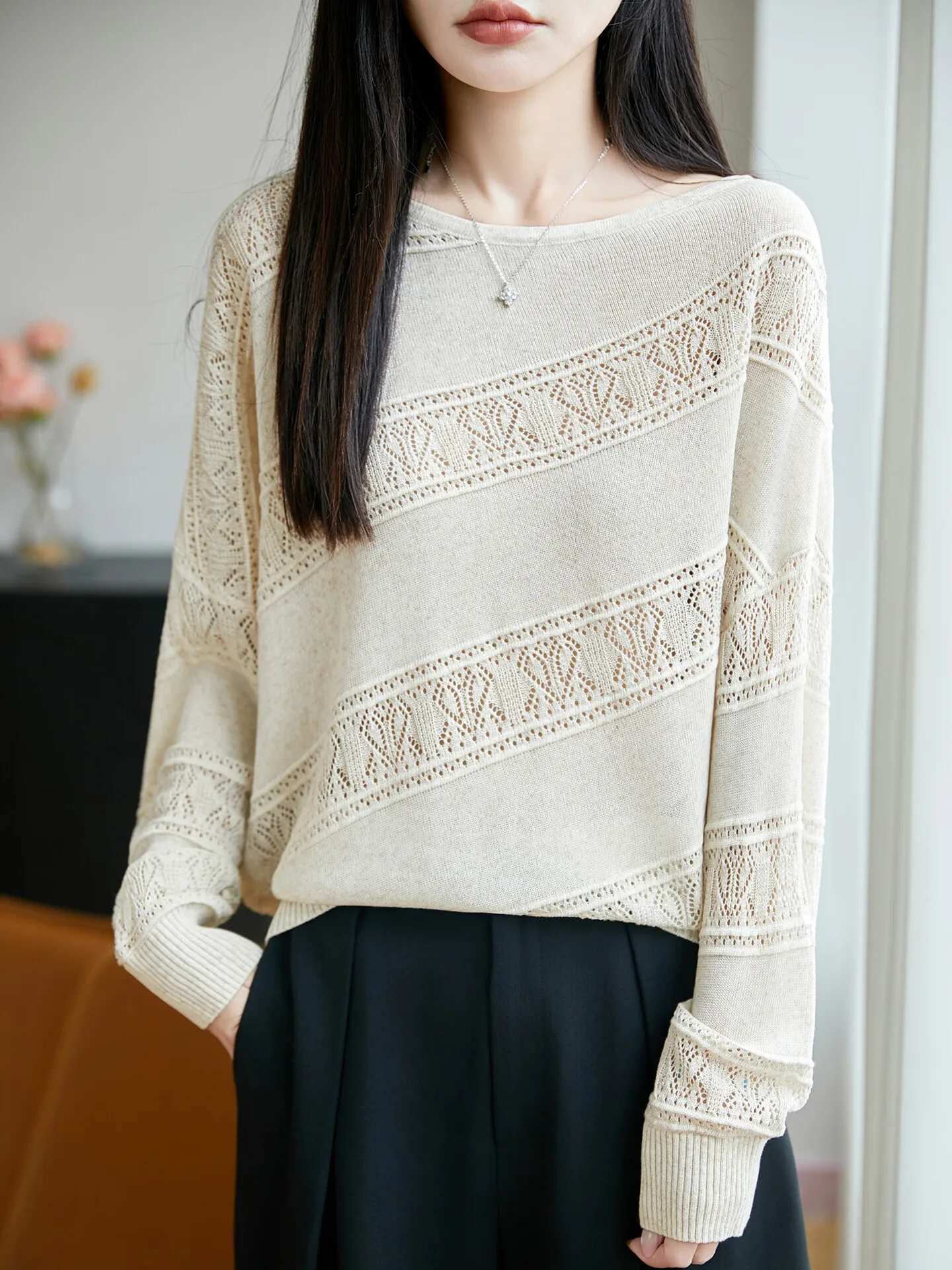 Loose Long Sleeve Women's Knitted Tunic Top Korean Style round Neck Hollow out Silk Linen Lazy Style Early Autumn Base Shirt