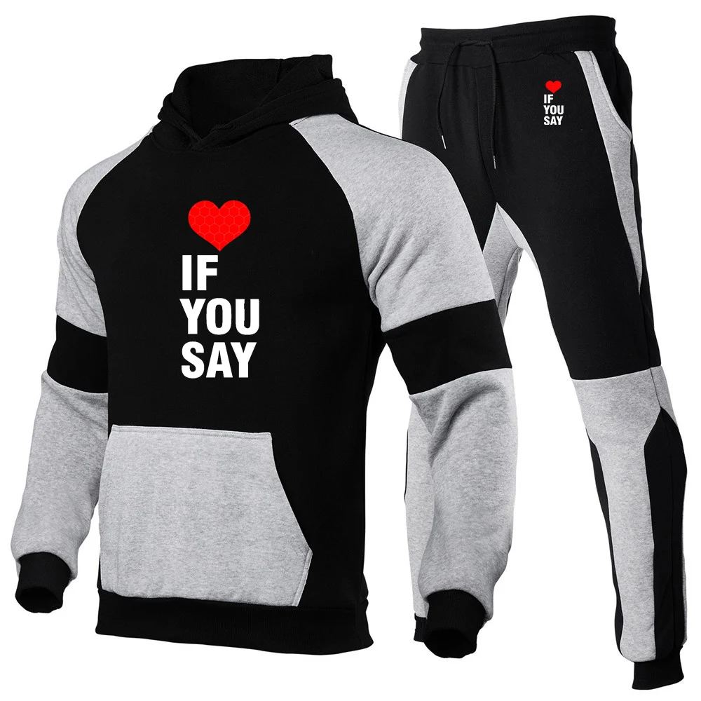

2026 Love If You Say Print Men's New Spring Autumn Patchwork Pullover Hoodies+Personality Drawstring Sports Pants Suit