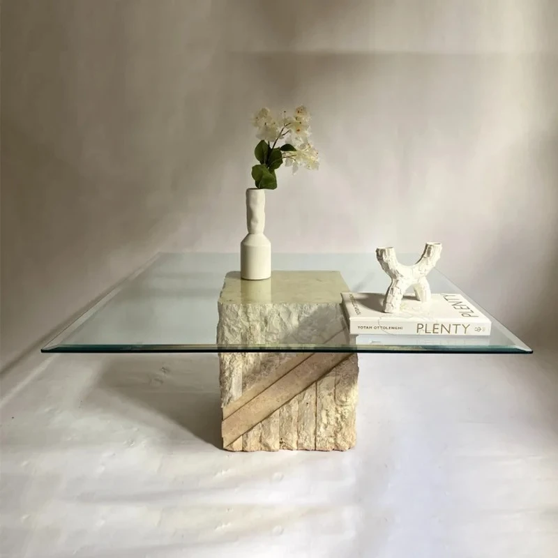 Natural travertine coffee table Modern simple tempered glass square broken surface rough travertine tea table