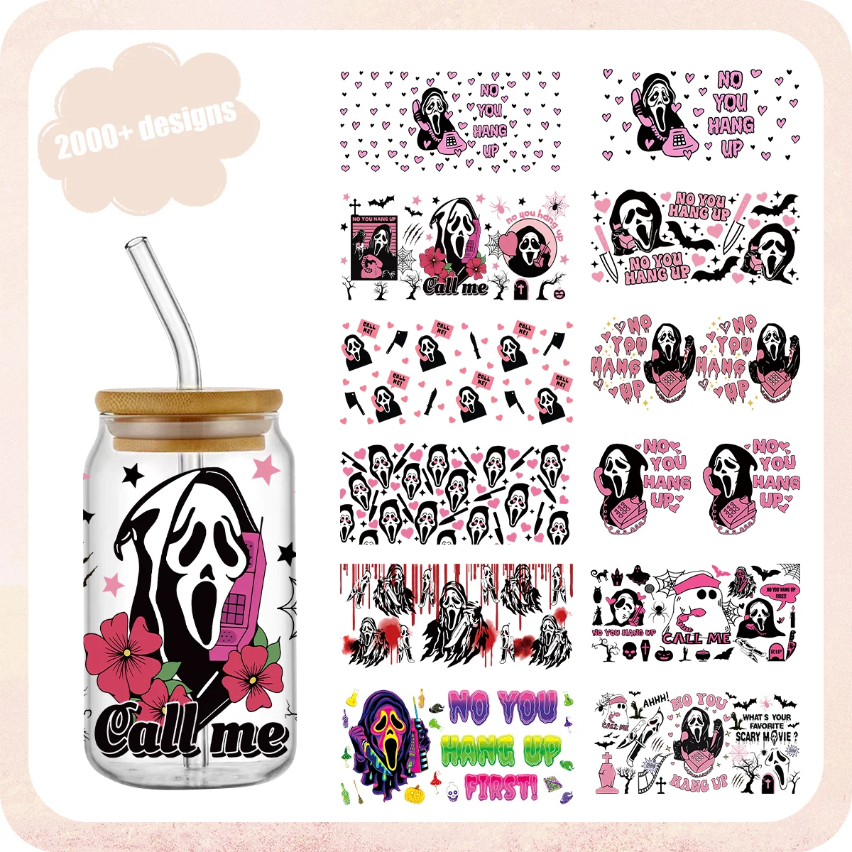 Halloween Scream Phone UV DTF 16oz Wrap Bundle Png Trick Treat Libbey Glass Can Wraps Png Digital File Spooky Season