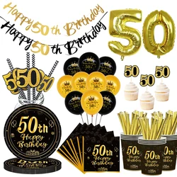 50th Birthday Decorations for Men Women Disposable Tableware Paper Plate Napkin Cup Balloons Black Gold Party Decor Supplies