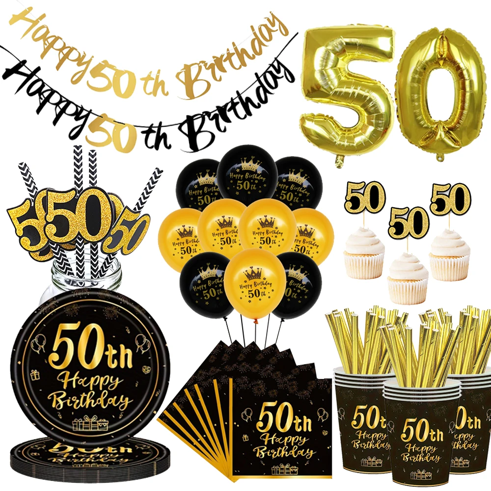 Dekoracje na 50. urodziny dla kobiet i mężczyzn, jednorazowa zastawa stołowa, papierowe talerze, serwetki, kubki, balony, czarno-złote dekoracje na przyjęcie.