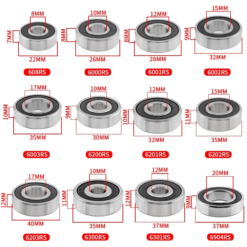 Juego de 4 Rodamientos de Bolas de Ranura Profunda Sellados con Goma RS, Modelos 608RS, 6000RS, 6001RS, 6002RS, 6003RS, 6200RS, 6201RS, 6202RS, 6203RS, 6300RS