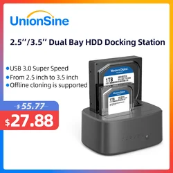 UnionSine Dual Bay HDD Docking Station with Offline Clone SATA to USB 3.0 HDD Clone Docking Station for 2.5/3.5'' SSD HDD Case