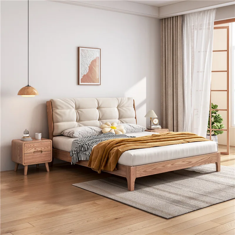 Ash wood soft bag solid wood bed Log color cloud bed Master bedroom 1.8 meters double bed