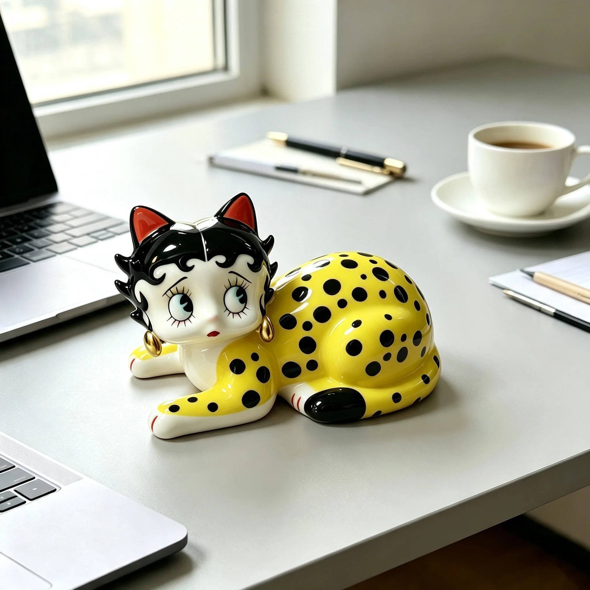 Lucky Cat Ceramic Kitten Creative Cat Head Leopard Body Statue Ornament Living Room Decoration Good Luck Blessing Gift