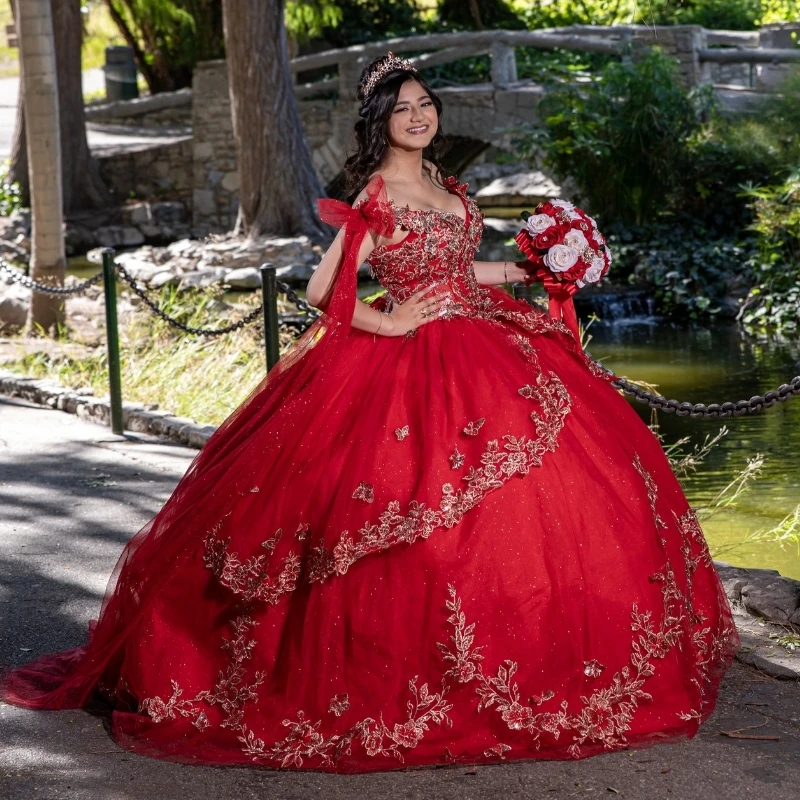 Red Glitter Crystal Sequined Ball Gown Quinceanera Dresses Off The Shoulder Applique Lace Beading With Cape Corset Vestidos De