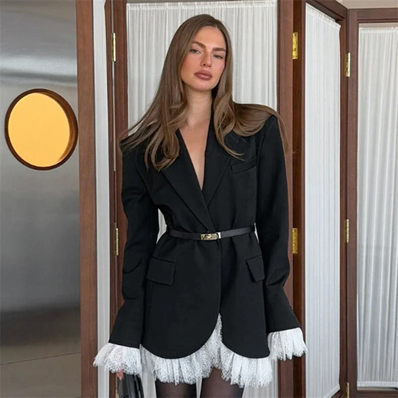 

Lace Panel Blazer Jacket With Metal Waist Buckle Elegant Tailored Suit For Women Autumn Winter Office Party Wedding