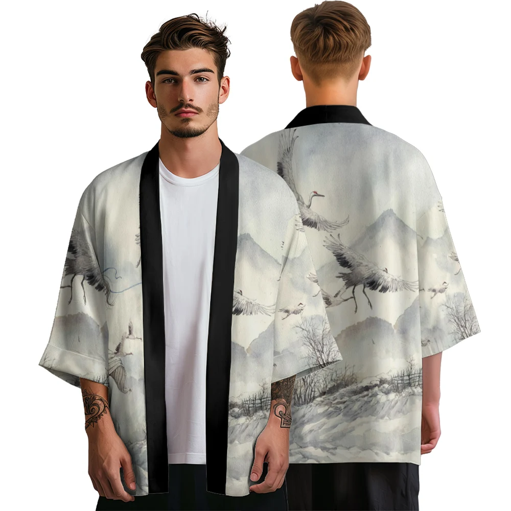 

Summer Kimono Crane Pattern Men Fashion Hawaiian Shirt Traditional Cardigan Cosplay Costume Cloak Women Samurai Kimonos Yukata