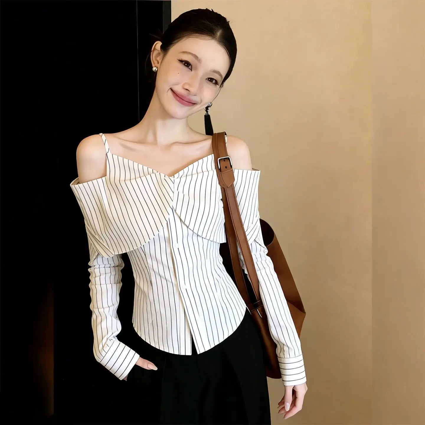 

Gagarich 2026 Spring New Appearance White Reduced Age Strap Top Women Korean Style Design Striped Off Shoulder Slimming Shirt