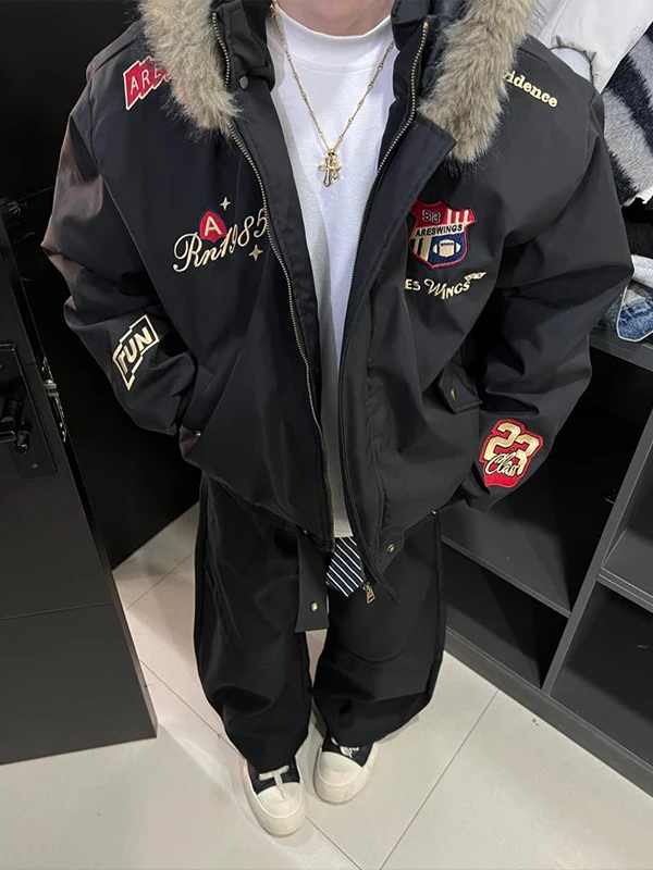 

Thiened Winter Cotton Jaet Hooded Parka Coat with Embroidered Bae And Fur Collar ex Warm Casual Outerwear