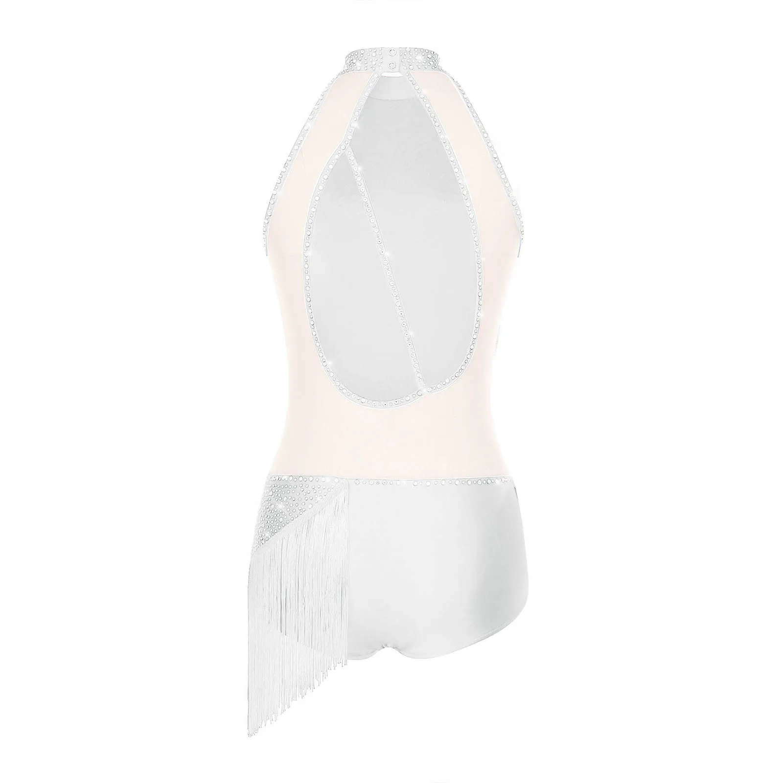 Body de patinaje artístico para mujer, vestido de baile de Jazz latino, disfraz de gimnasia Cha-cha, leotardo sin mangas con borlas de malla y diamantes de imitación