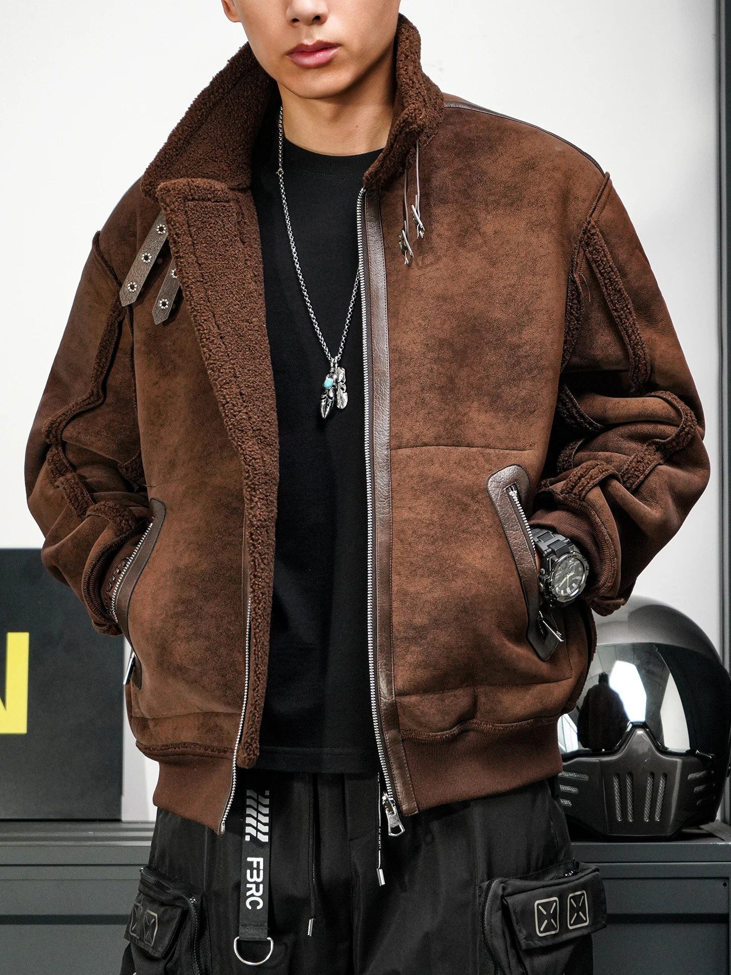 

Double-Sided Wear Men's Biker Jaet Warmth in Winter Vintage American Sle Fur-Lined Stand Collar Thiened Long Sve Coat
