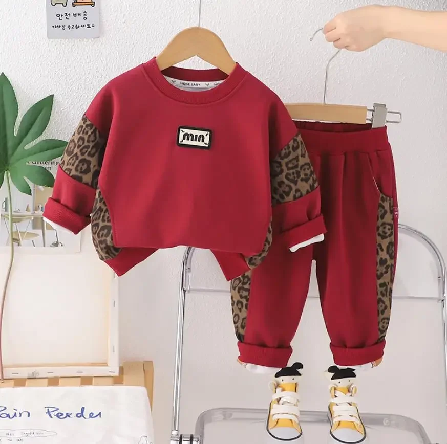 

Spring Boys Tracksuits for Kids Baby Clothes Sets Boys Leopard Print Panelled Letter O-neck Hoodies+Pants Toddler Girls Outfits