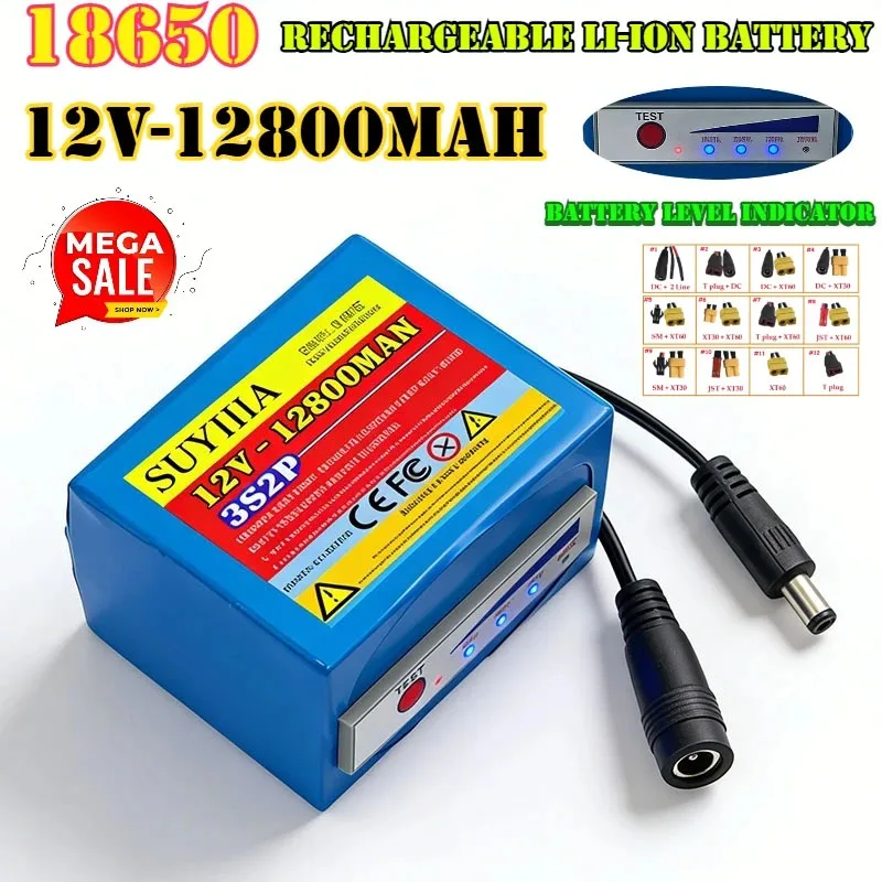 

11.1V/12.6V 18650 Lithium Battery 3s2p 12v 12800mAh for Fish Finder Underwater Fishing Camera Portable Indicator Source