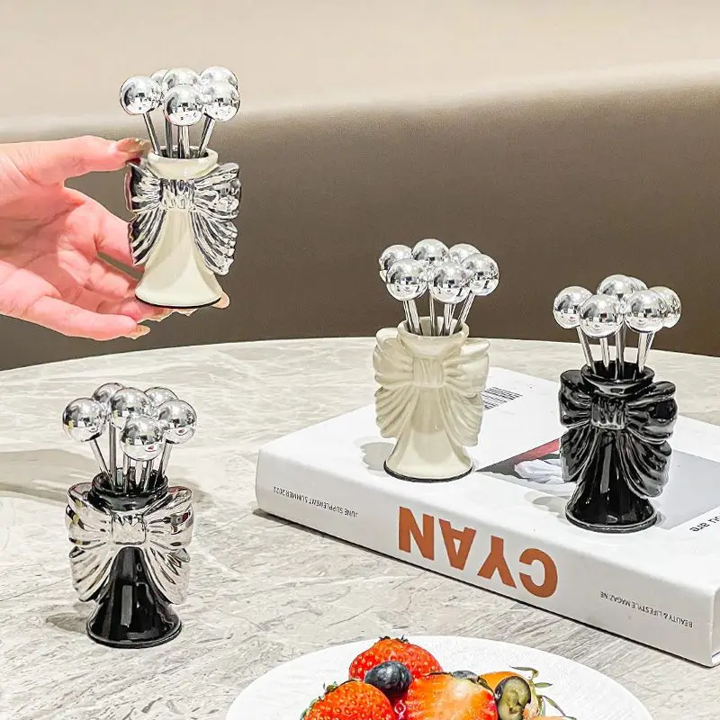 Bow Stainless Steel Fruit Fork for Home Use,Light Luxury,Children's Safety,small Fork Set,dessert Fruit Skewer High-end Feeling