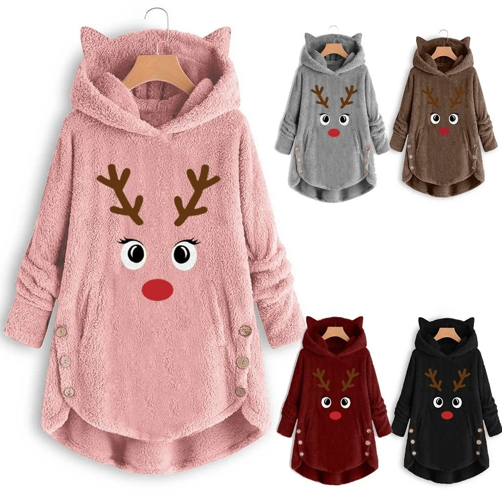 

Winter Cisas Sweater Women plus Size Deer Ear Pullover Thiened Long Sve Hoodie Comfortable Breathable Casual Streetwear