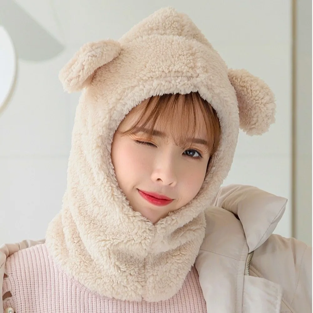Fashion Cute Bear Ear Hat Scarf Windproof Cartoon Winter Warm Hedging Cap Korean Style Solid Color Plush Hat Scarf Outdoor