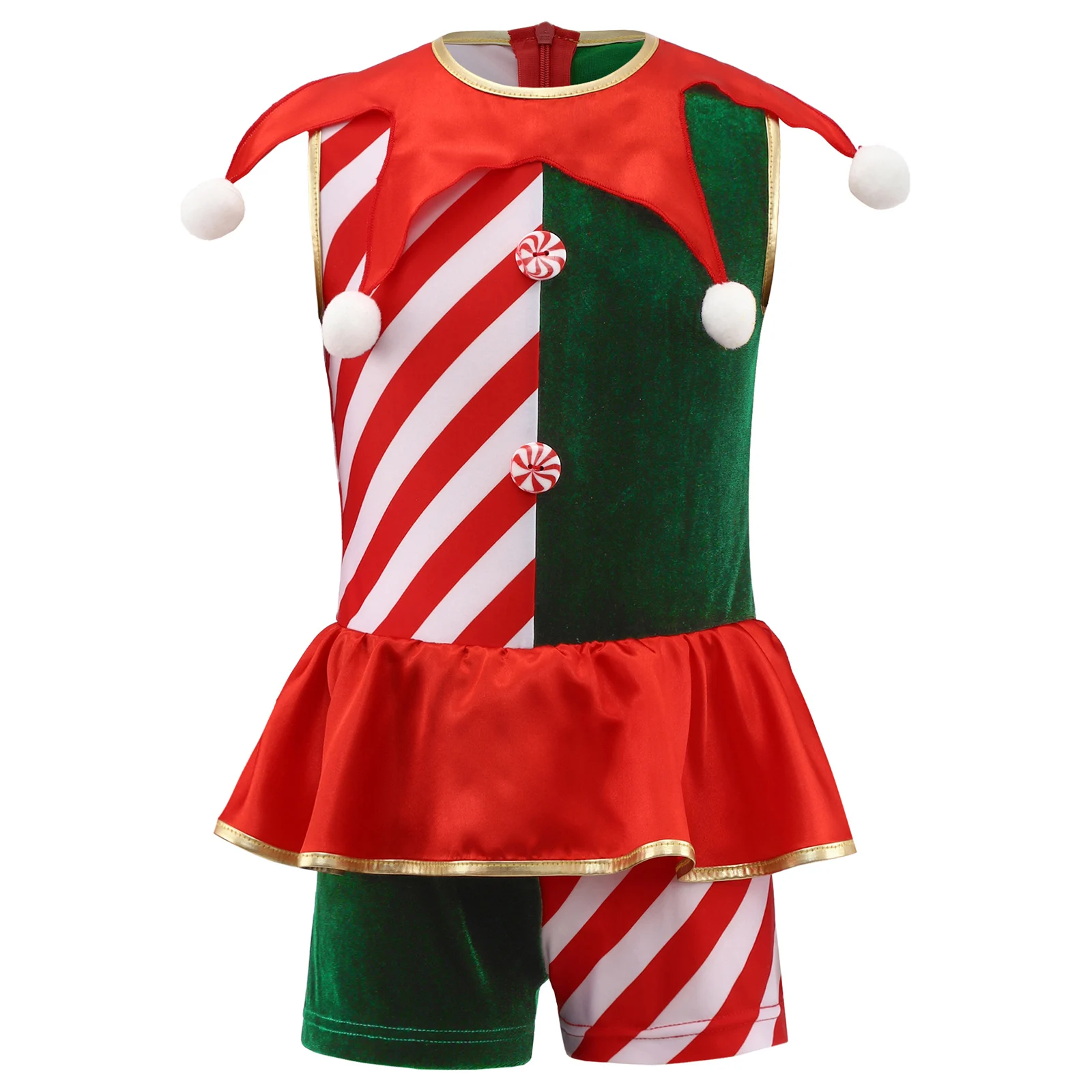 Disfraces de rayas de elfo de Navidad para niños y niñas, leotardo, ropa de actuación de JazzDance, mono superpuesto con volantes en la cintura con pompones sin mangas