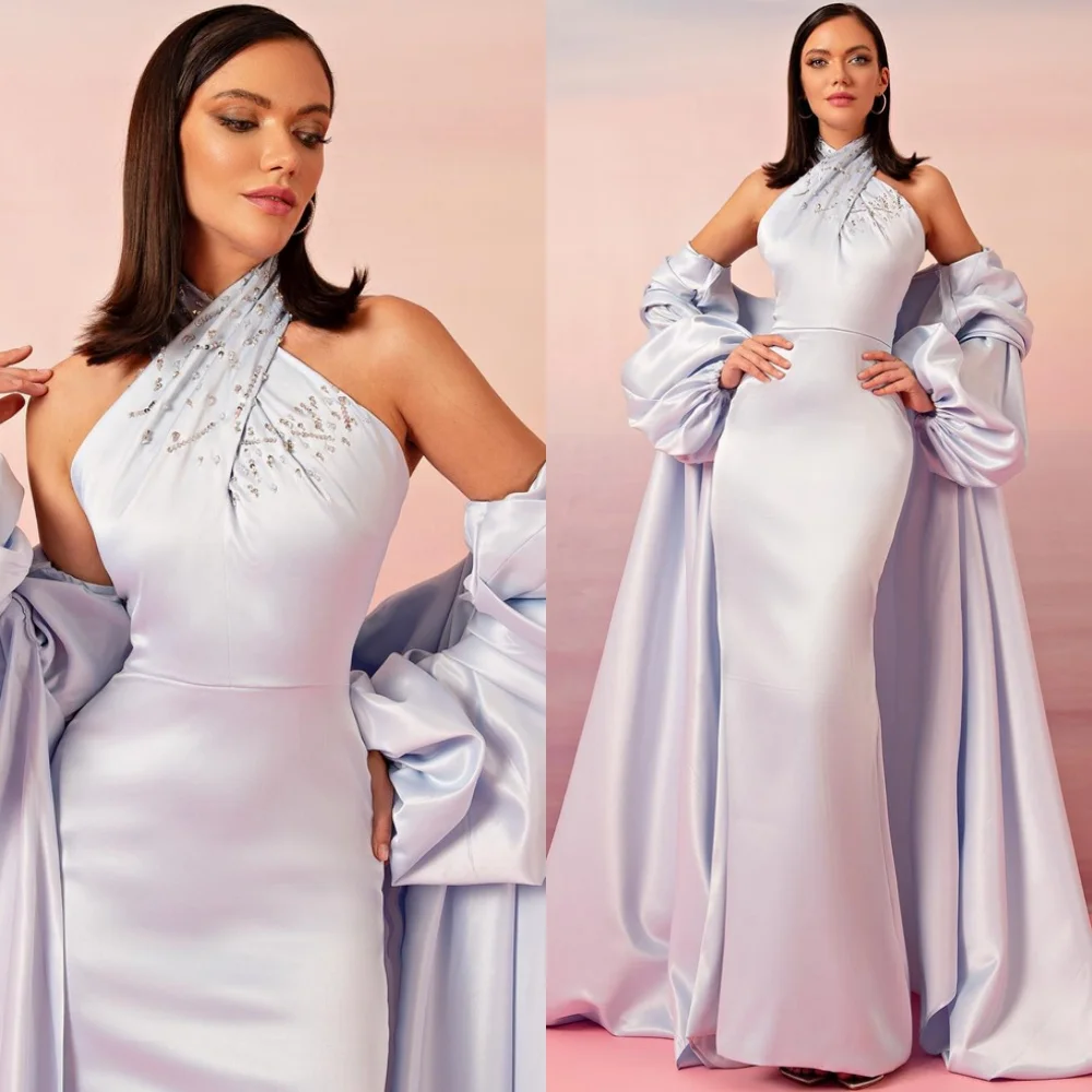 

Customized Luxury Satin Evening Dresses Fashion Halter Shawl Homecoming Dresses Temperament Court Train Vestido De Festa