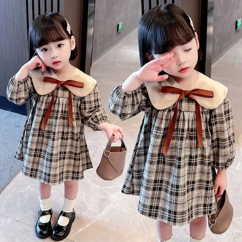 Girl Cute Doll Collar Checkered Dress Spring and Autumn 2026 New Style Children's Casual Collar Long Sleeve Dress 90-130CM