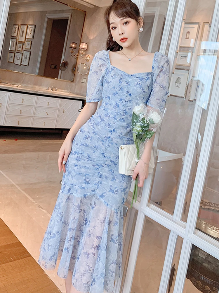 Maxi abito estivo da donna dolce delicato blu soffio manica corta Chiffon pieghettato aderente coda di pesce Femme Robe abiti da festa