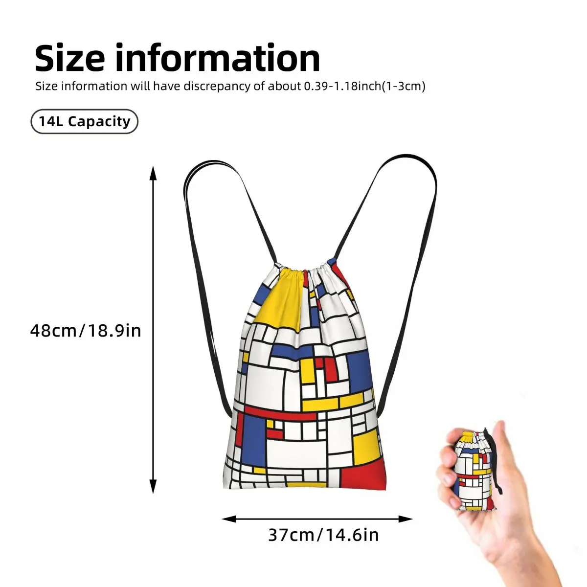 Piet Mondrian Drawstring Backpack hiking cycling Bag Portable Travel Drawstring Bag for Men Women