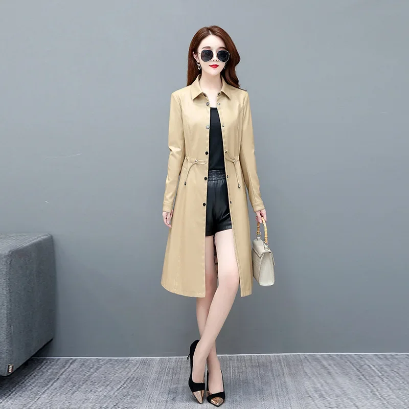 Korean Fashion Leather Coat Lapel Mid Length Leather Jacket for Women 2023 Autumn Slim Casual Windbreaker Coats Veste Cuir Femme