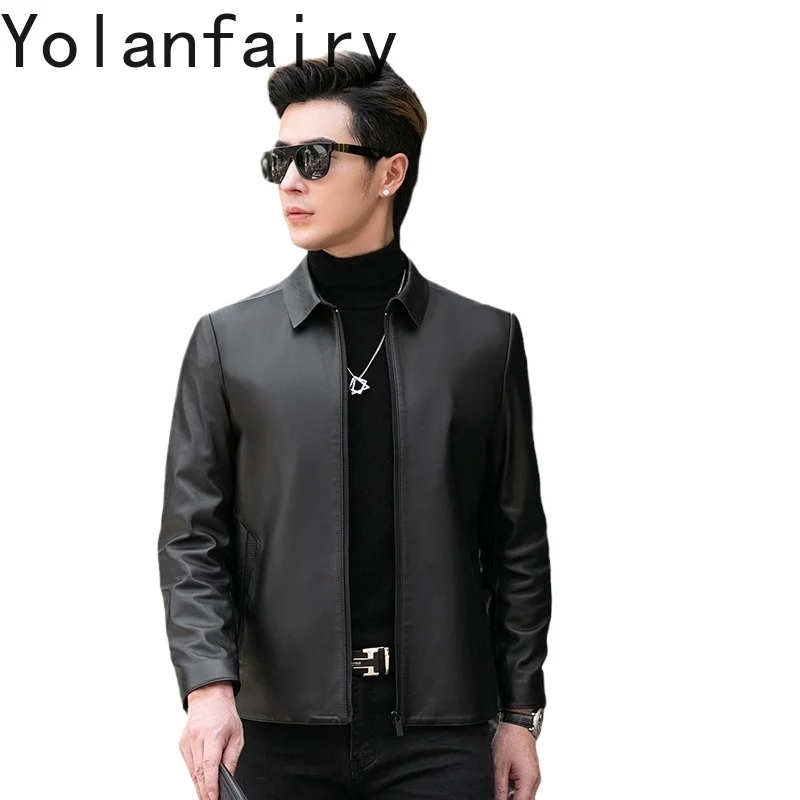 YOLANFARIY Men Leather Jacket Real Genuine Sheepskin Men Clothing Spring Autumn Costs Short Style 2024 Кожаная Куртка Plush