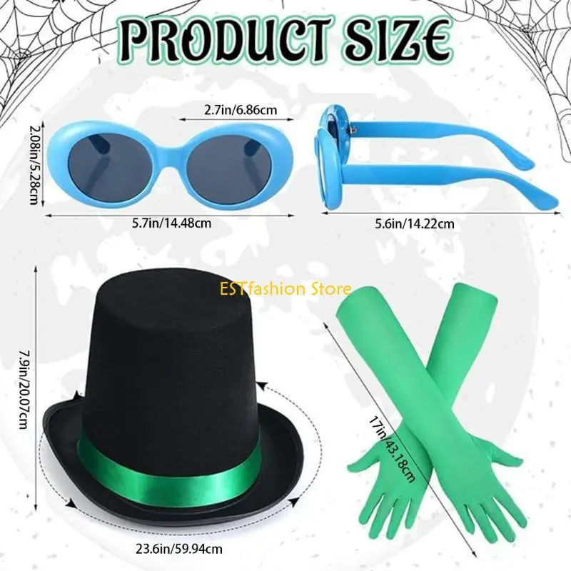 Y5GC 3PCS อุปกรณ์เสริมเครื่องแต่งกายฮัลโลวีนสีเขียวรวมถึงแว่นกันแดดหมวกชั้นนำถุงมือ Satins Long Book Actel
