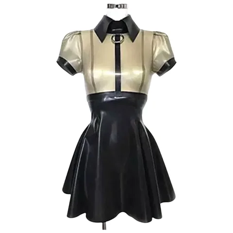 Sexy Transparent Black Latex A-line Latex Dress Turn-down Collar with Back Zipper