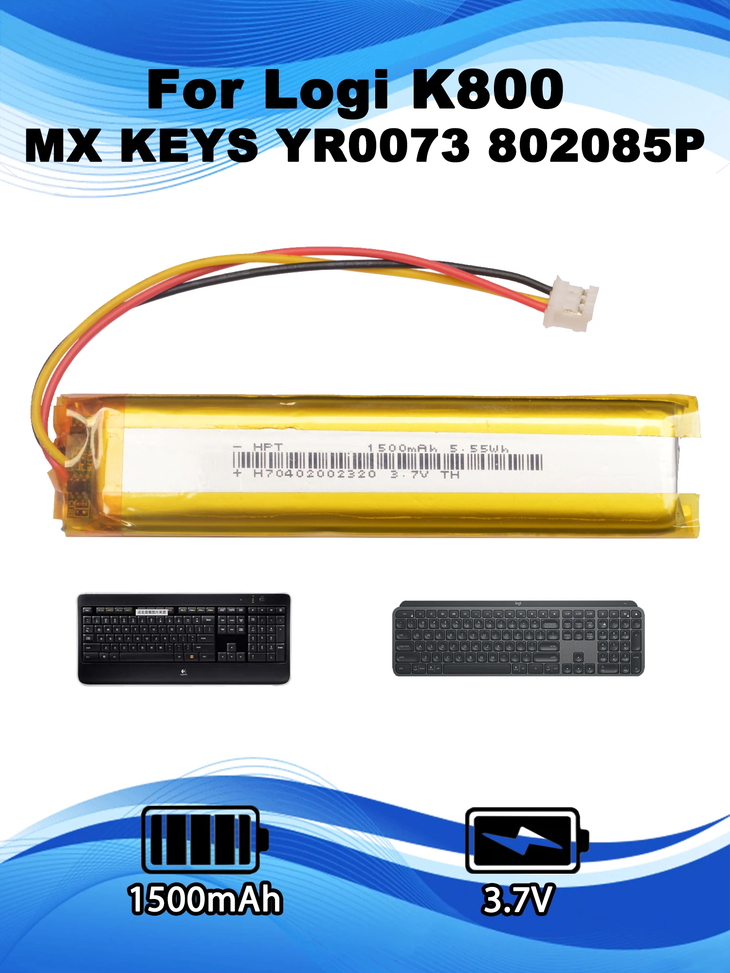 بطارية لوحة مفاتيح بديلة 3.7 فولت 1500 مللي أمبير في الساعة للوحة المفاتيح Logitech K800 MX KEYS YR0073 533- 000177   533- 000221 802085 ص 533- 000141