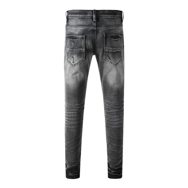 

Autumn fashion new men's jeans perforated black leather patch washed nostalgic black jeans high street hip-hop brand elastic hig