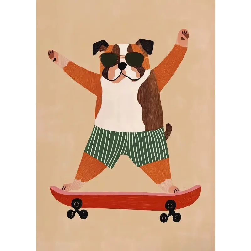 Dog Airplane Lion in Car Animal Skateboard Tiger on Bicycle Poster Print Canvas Painting Print Nursery Wall Art Kids Room Dec