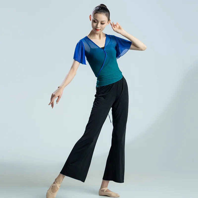 Women Classical Dance Practice Blouse Slim Basic Train Clothes Adult Gauze Top Ruffles Sleeve Ballet Teacher Stage performance