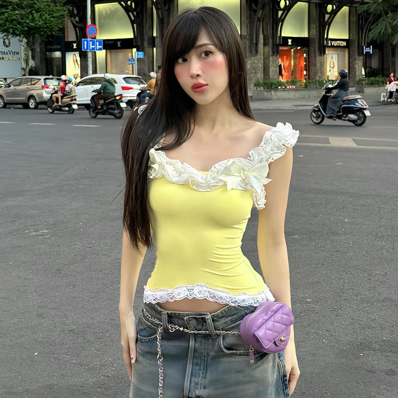 CUTENOVA 2024 Summer Fairies Light Yellow T-Shirt Solid Color Off Shoulder Gossip Lace Slim Crop Tops Casual Cute Sexy Sweet