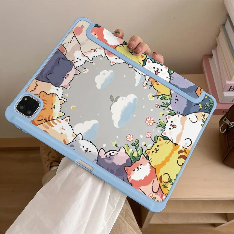Lovely Kitten Floral Circle IPad Case for IPad Air7 11th A16 Pro 11 Air6 Air4/5 10.9 10th 9th 10.2in Shockproof Protective Cover
