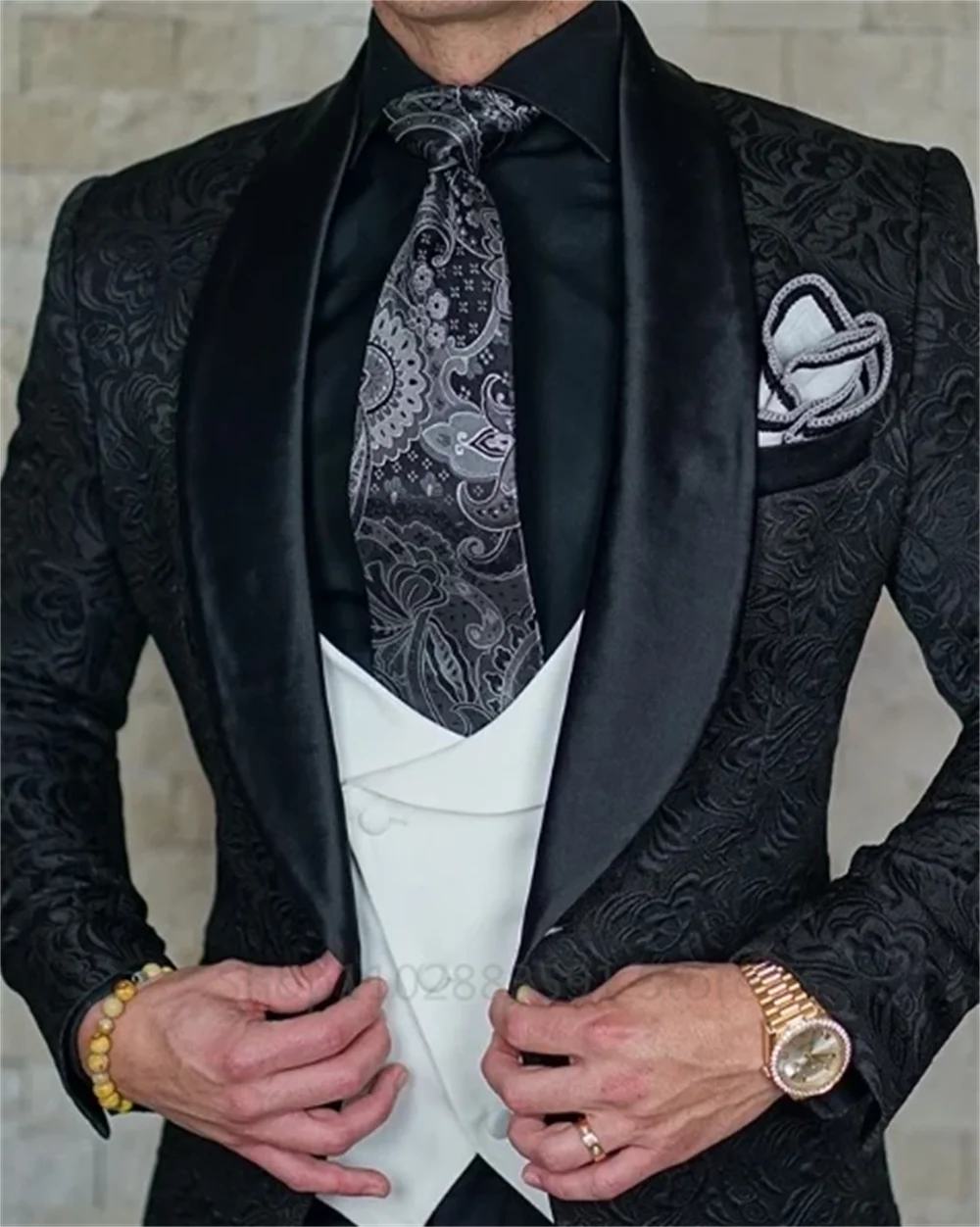 Black Jacquard Wedding  Party Tuxedo For Groom Wedding Shawl Lapel 3 Pieces Slim Fit Mens Suits Male Waistcoat Vest Pants