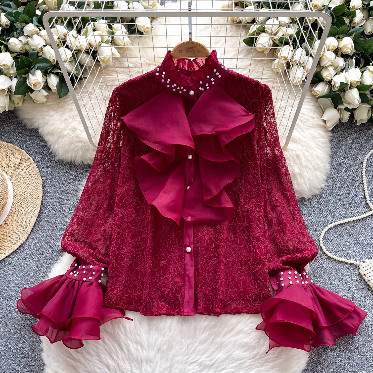 

Vintage Elegant Single Breasted Beading ruffle Blouse Fashion Shirt Casual Chic Top Fairy Summer Women Shirt