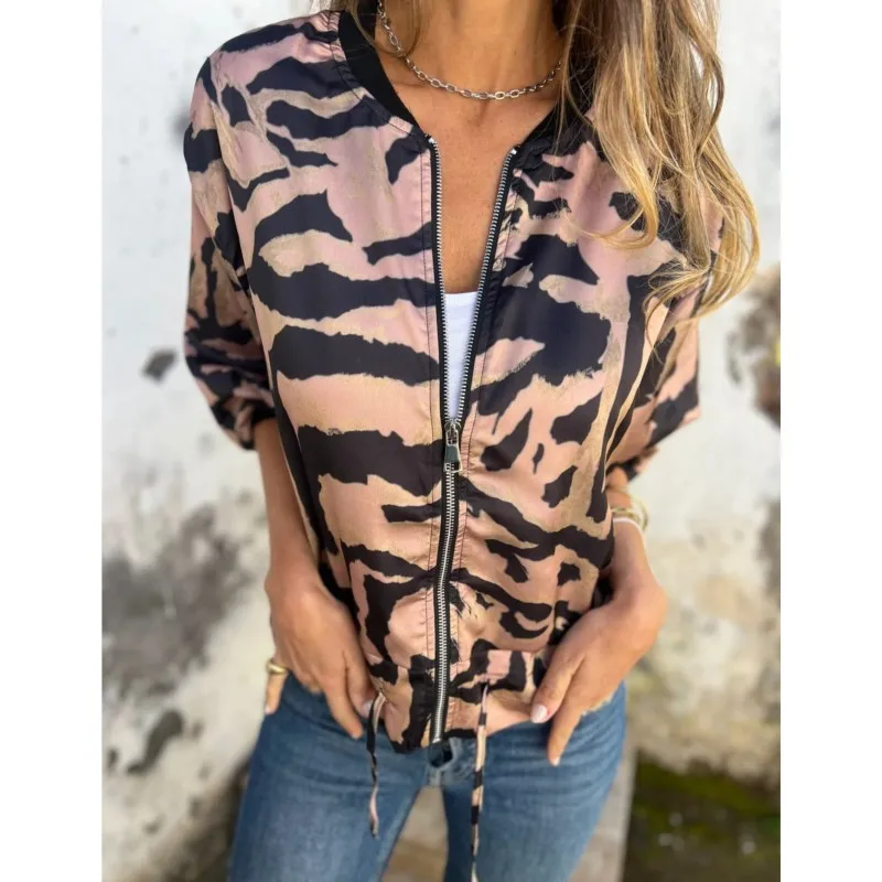 2025 Women Leopard Print Bomber Jacket Spring Coat Long Sleeve Stand Collar Zipper Basic Motorcycle Jacket Casual Fashion Street