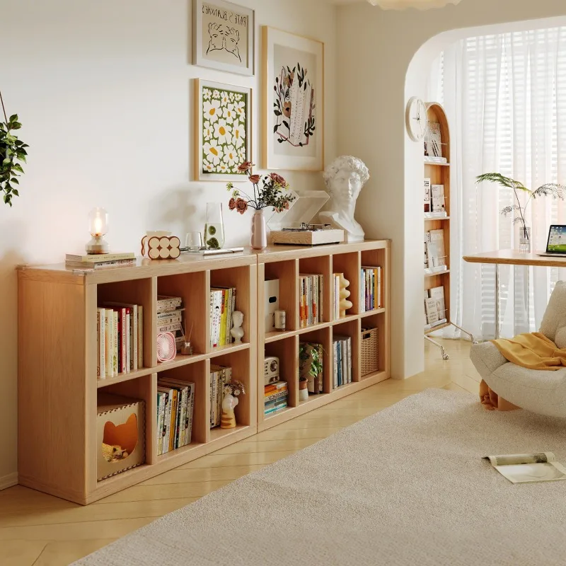 Grid Cabinet Floor Bookshelf, Low Storage Rack for Living Room Bay Window