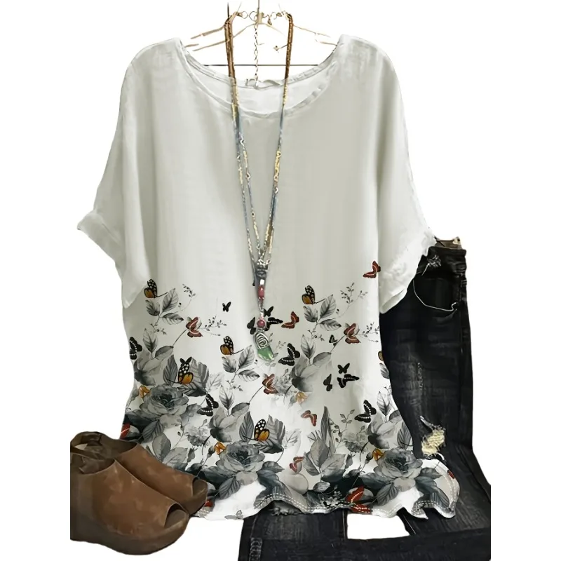 Plus size 1xl-5xl todas as estações feminino solto ajuste manga curta com decote em v camiseta senhoras 3d impressão digital floral retalhos casual topos