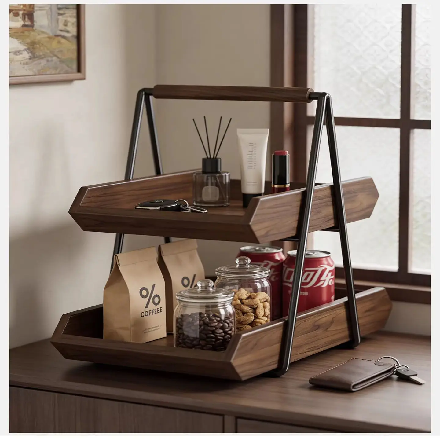 2 Tier Walnut Wood Metal Storage Rack With Handle Portable Countertop Tray Organizer Desktop Holder For Coffee Snacks Cosmetics