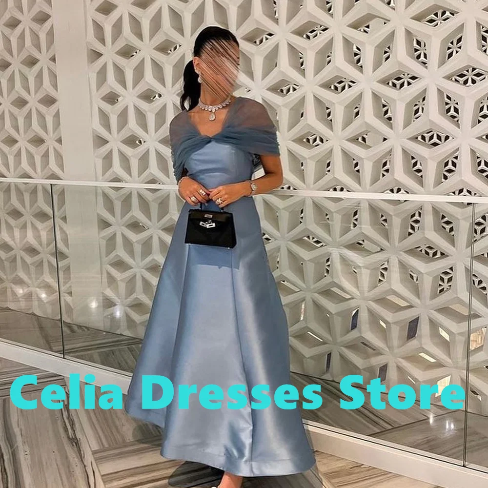 Dubai Evening Caftan Dress Off the Shoulder Straight Satin Short Sleeves Tea Length Pleats Panel Train Crystal Quinceanera Gowns