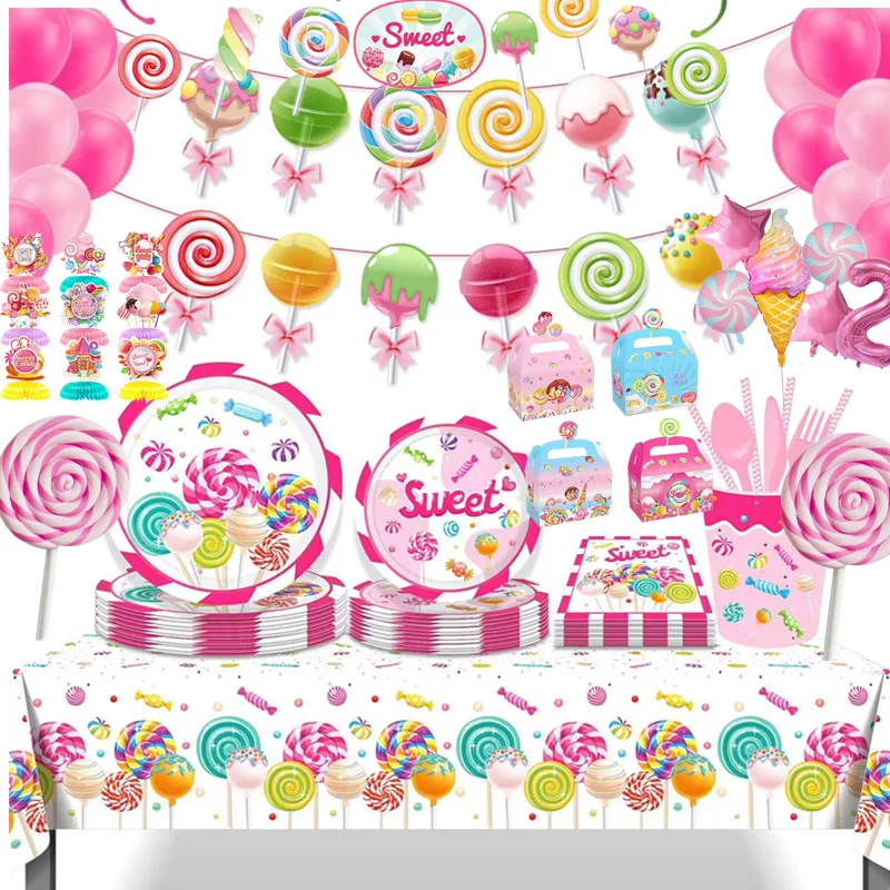 Süßigkeiten Lutscher Thema Einweg Tischdecken Baby Dusche Geburtstag Party Banner Pappteller Tasse Kulissen Ballon Dekorationen
