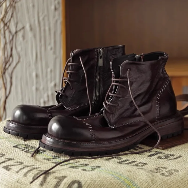 Vintage Western Men Cow Leather Motorcycle Boots Hand Stitching Side Zipper Lace Up Anti-slip Retro Street Outdoor Ankle Boots