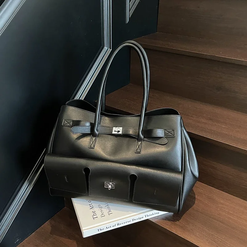 

Шикарная простая кожаная большая сумка для женщин с уникальным минималистским дизайном, однотонная и большая вместительная сумка-шоппер